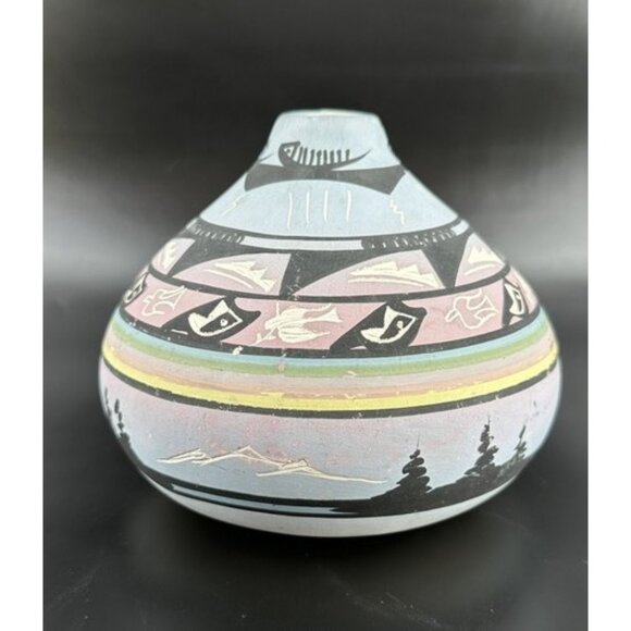 Navajo Seed Pot Vase Hand Painted Etched by Ronda Thomas Noah's Ark Story 5 x 6" - Picture 1 of 7
